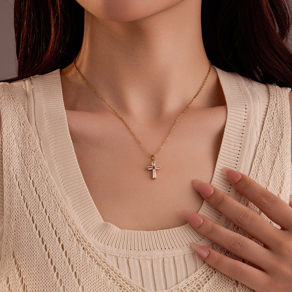 18K Gold Cross Zircon Necklace