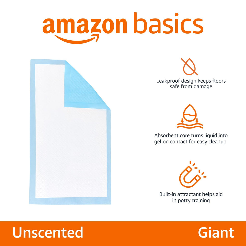 Amazon Basics Dog and Puppy Training Pads, Leakproof, 5-Layer Design with Quick-Dry Surface, Regular, Pack of 50, Blue