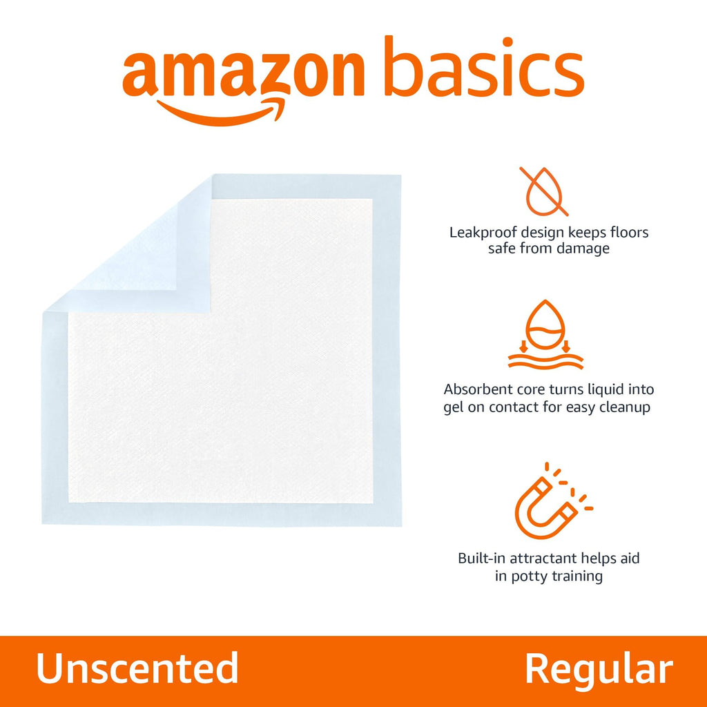 Amazon Basics Dog and Puppy Training Pads, Leakproof, 5-Layer Design with Quick-Dry Surface, Regular, Pack of 50, Blue