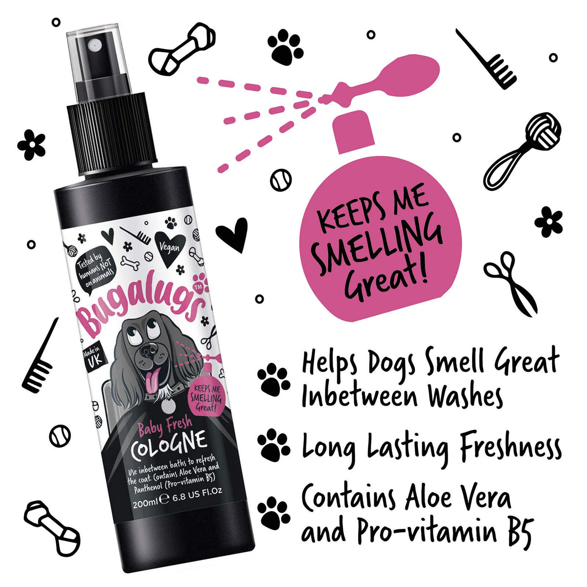 Bugalugs Dog Perfume Spray with Aloe Vera & Baby Powder Cologne great Pet Odour Eliminator Deodorant Spray for Smelly Dogs can use as Dry Shampoo