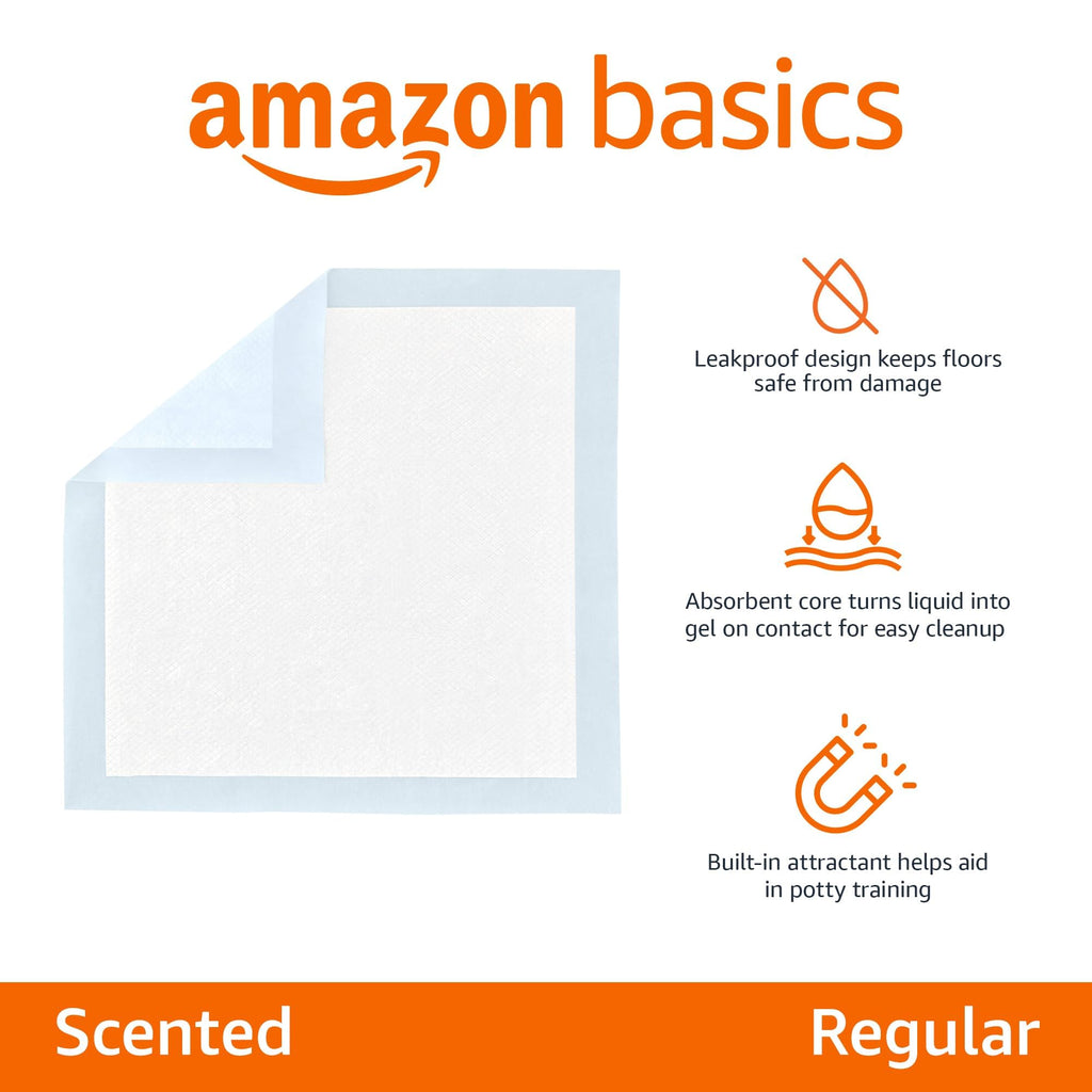 Amazon Basics Dog and Puppy Training Pads, Leakproof, 5-Layer Design with Quick-Dry Surface, Regular, Pack of 50, Blue