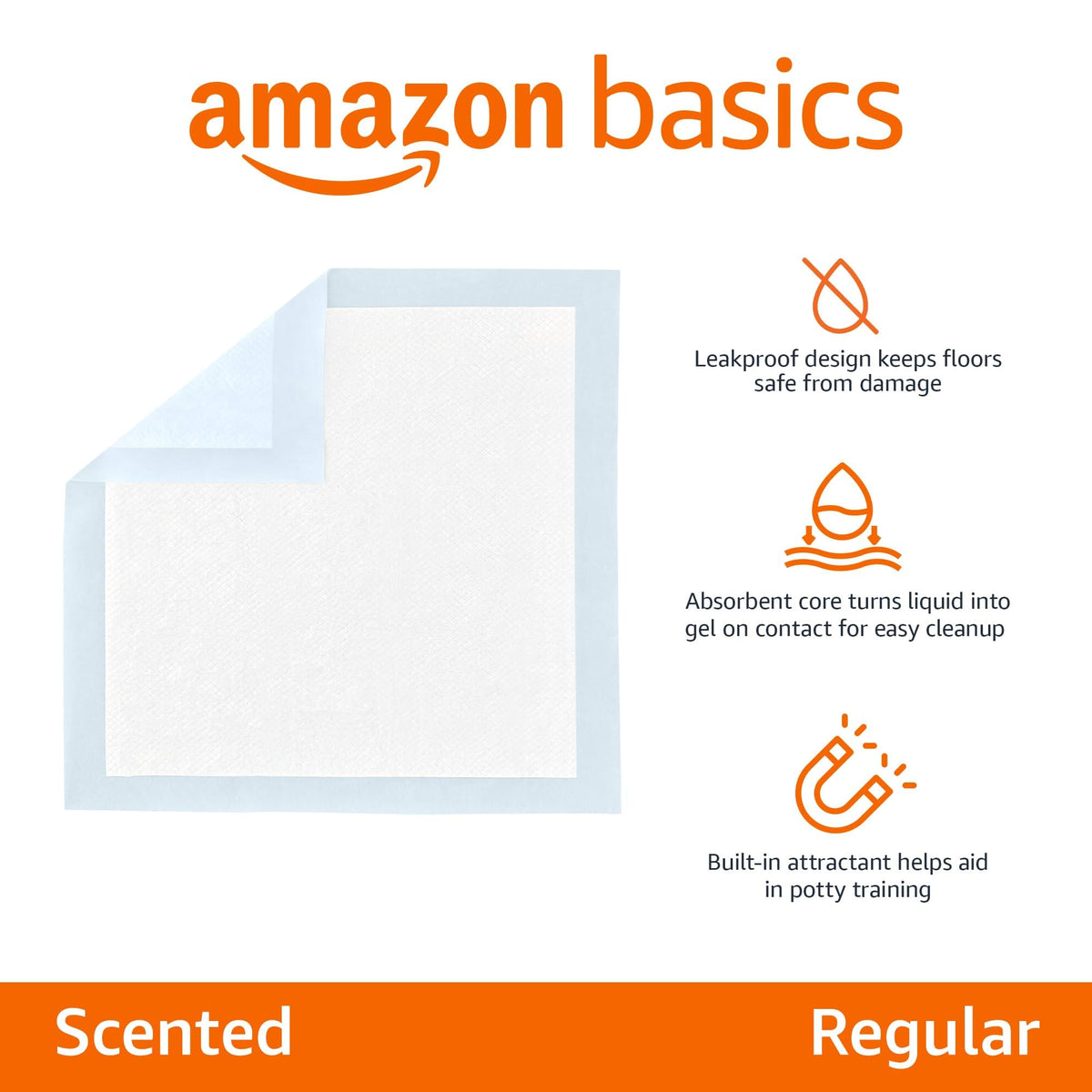 Amazon Basics Dog and Puppy Training Pads, Leakproof, 5-Layer Design with Quick-Dry Surface, Regular, Pack of 50, Blue