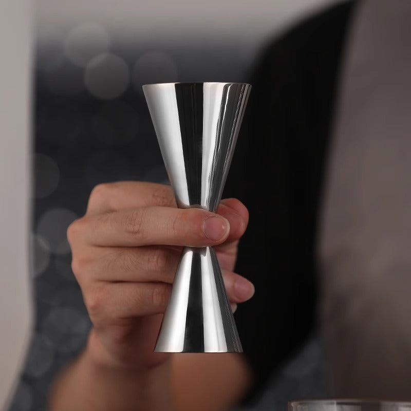 Stainless Steel Measuring Jigger with Scale, Dual-Head Cocktail Measure, Gold Ring Design, Hourglass Shape, Ounce Cup