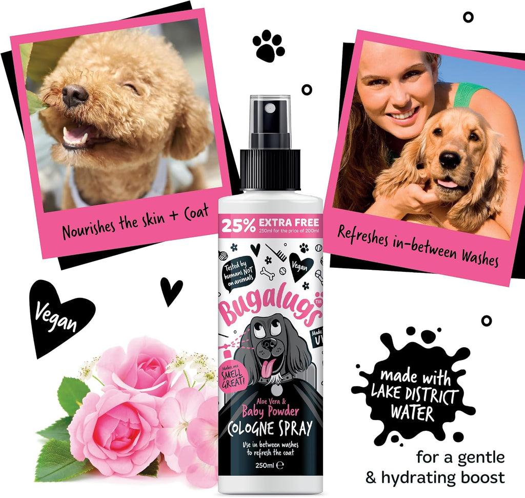 Bugalugs Dog Perfume Spray with Aloe Vera & Baby Powder Cologne great Pet Odour Eliminator Deodorant Spray for Smelly Dogs can use as Dry Shampoo
