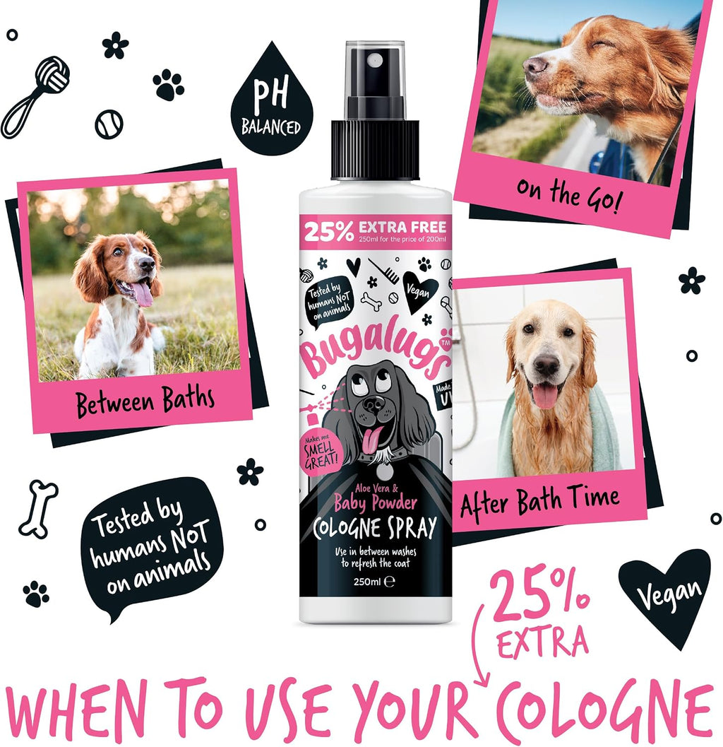 Bugalugs Dog Perfume Spray with Aloe Vera & Baby Powder Cologne great Pet Odour Eliminator Deodorant Spray for Smelly Dogs can use as Dry Shampoo
