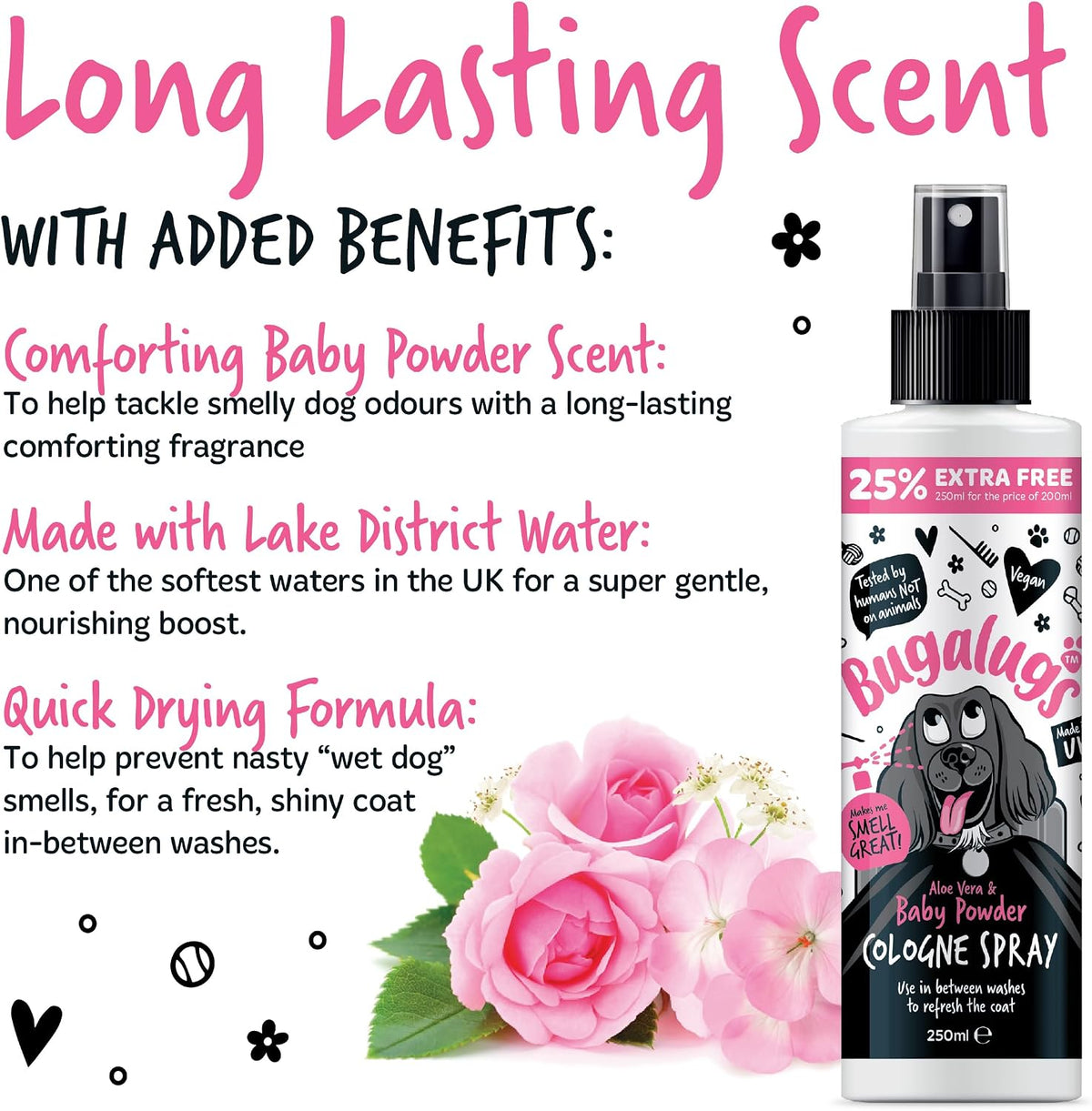Bugalugs Dog Perfume Spray with Aloe Vera & Baby Powder Cologne great Pet Odour Eliminator Deodorant Spray for Smelly Dogs can use as Dry Shampoo