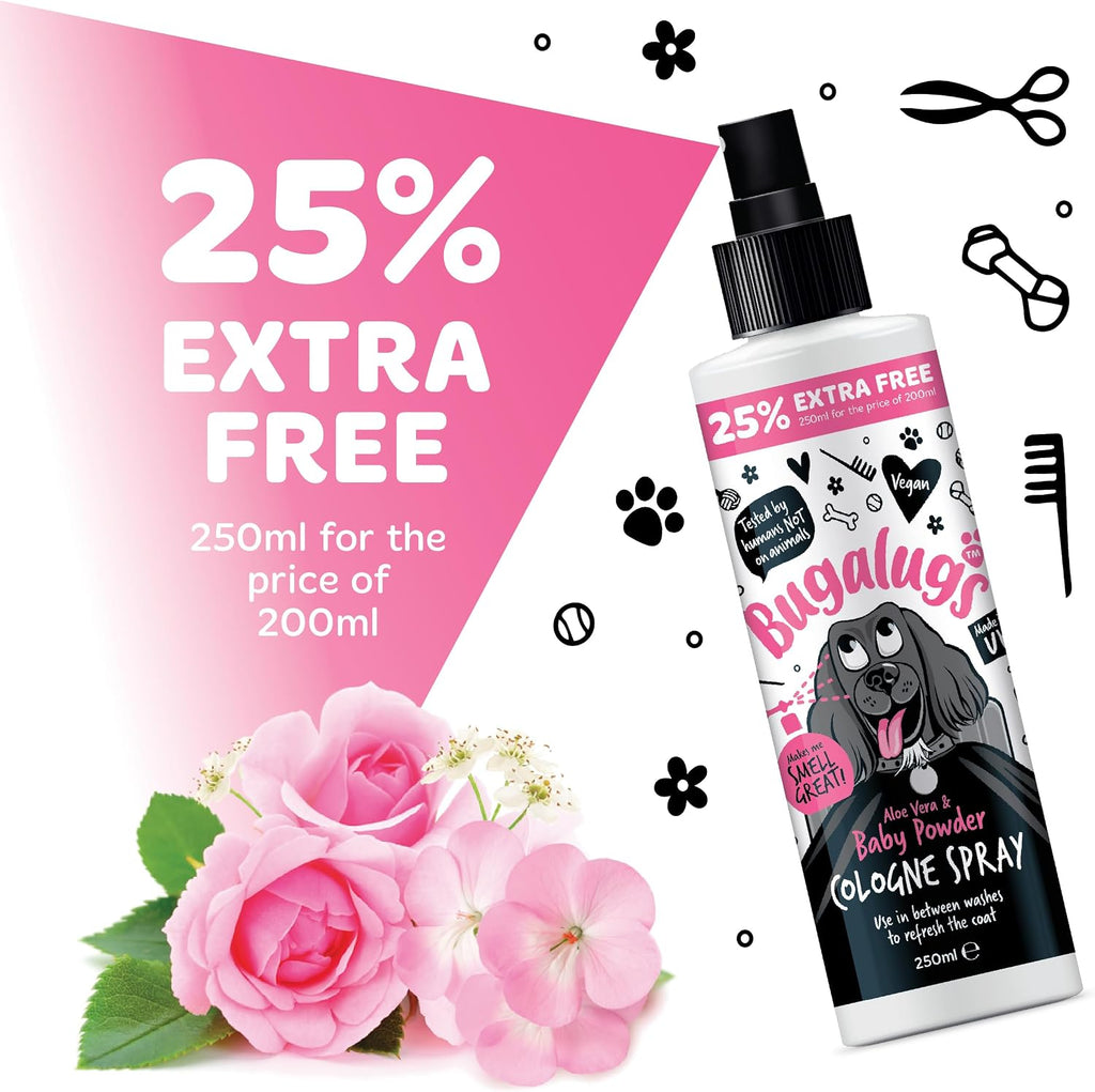 Bugalugs Dog Perfume Spray with Aloe Vera & Baby Powder Cologne great Pet Odour Eliminator Deodorant Spray for Smelly Dogs can use as Dry Shampoo