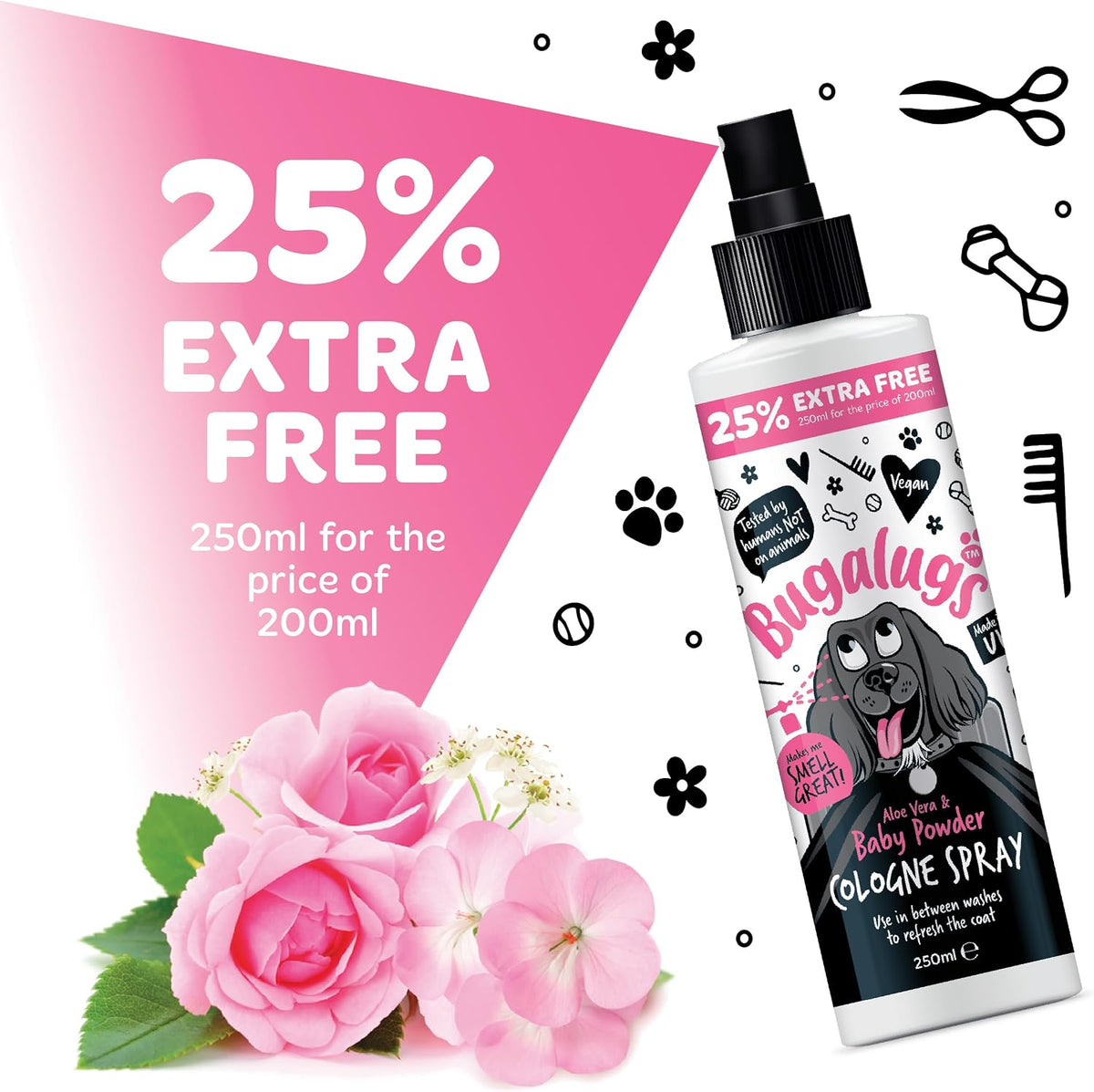 Bugalugs Dog Perfume Spray with Aloe Vera & Baby Powder Cologne great Pet Odour Eliminator Deodorant Spray for Smelly Dogs can use as Dry Shampoo