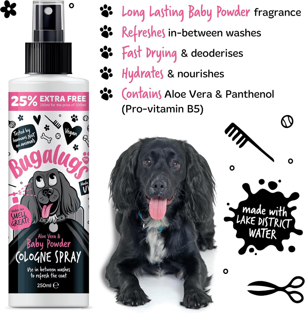 Bugalugs Dog Perfume Spray with Aloe Vera & Baby Powder Cologne great Pet Odour Eliminator Deodorant Spray for Smelly Dogs can use as Dry Shampoo