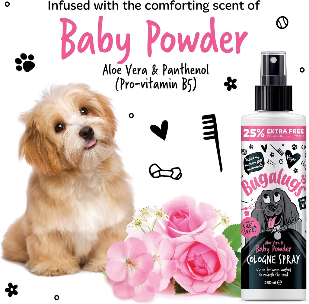 Bugalugs Dog Perfume Spray with Aloe Vera & Baby Powder Cologne great Pet Odour Eliminator Deodorant Spray for Smelly Dogs can use as Dry Shampoo