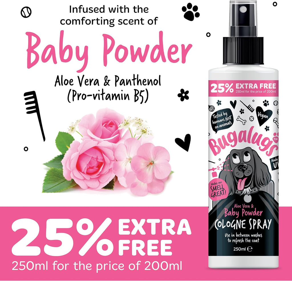 Bugalugs Dog Perfume Spray with Aloe Vera & Baby Powder Cologne great Pet Odour Eliminator Deodorant Spray for Smelly Dogs can use as Dry Shampoo