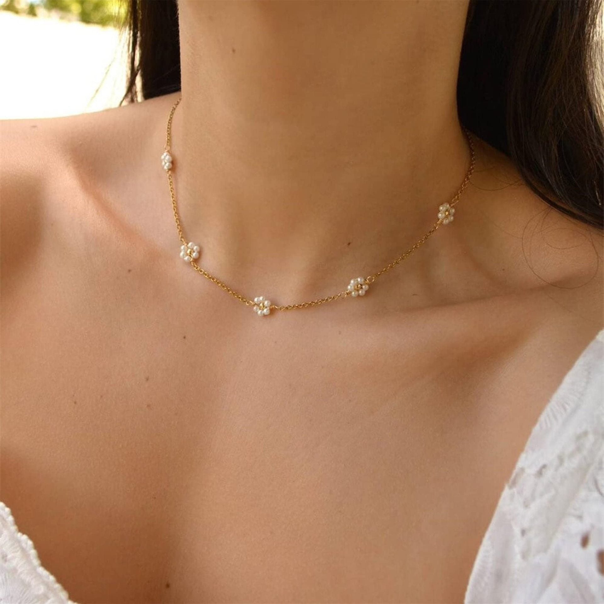 Pearl Flower Collarbone Chain Set