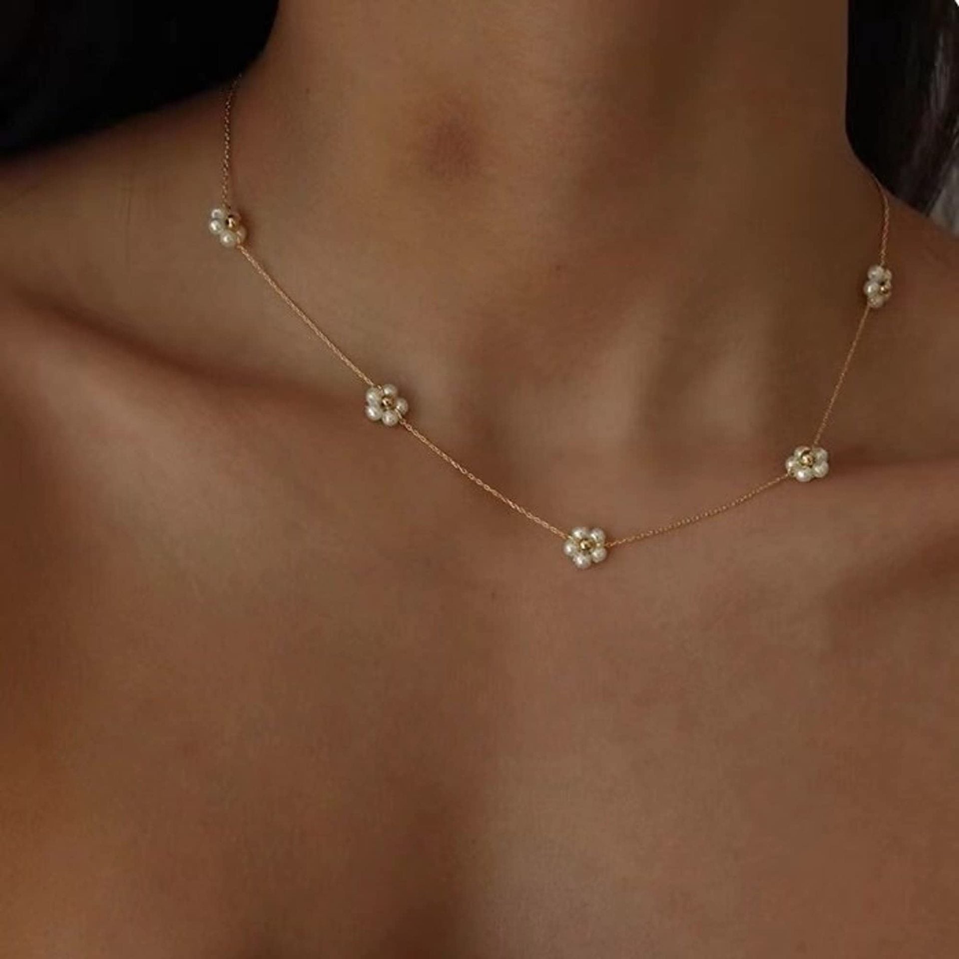 Pearl Flower Collarbone Chain Set